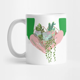 Green Fingers, girl holding succulent terrarium with cactus, agava, string of pearls Mug